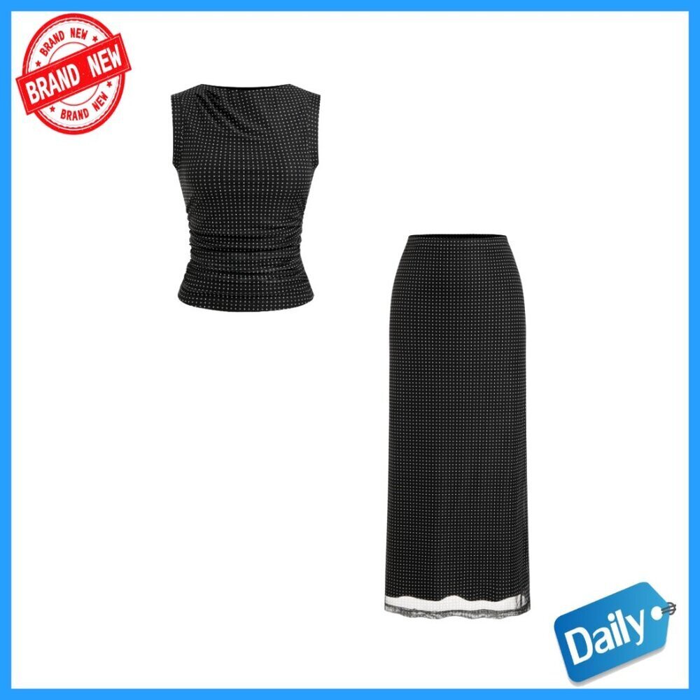 Polka Dot Sleeveless Top and Maxi Skirt Set, Ruched Waist, Polyester Blend,